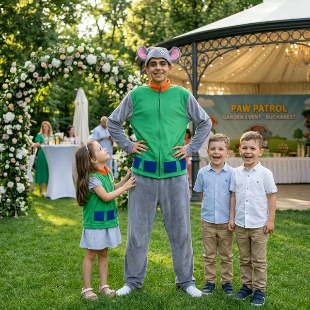 Animator în costum Rocky verde/gri cu șapcă și urechi, față umană descoperită.