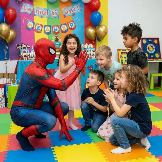 Animator în costum Spider-Man roșu/albastru, cu mască strânsă și desen de pânză.