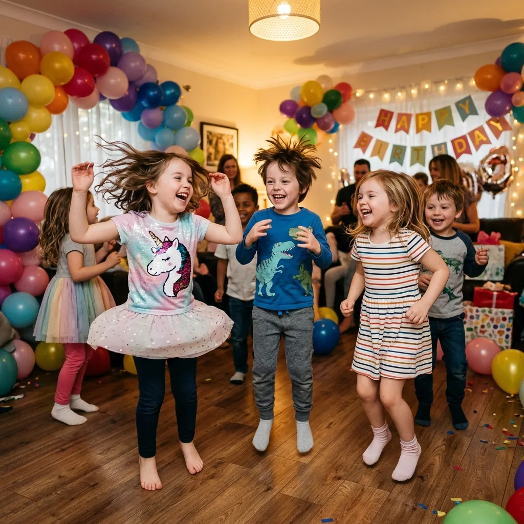 Copii dansează într-o încăpere cu baloane și ghirlande.