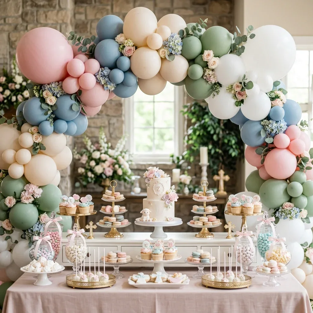 Candy bar cu suporturi pentru prăjituri, flori și ghirlandă de baloane pastel/crem.