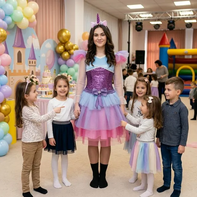 Animatoare cu perucă închisă, bentiță tip unicorn și rochie cu fustă pastel, lângă copii.
